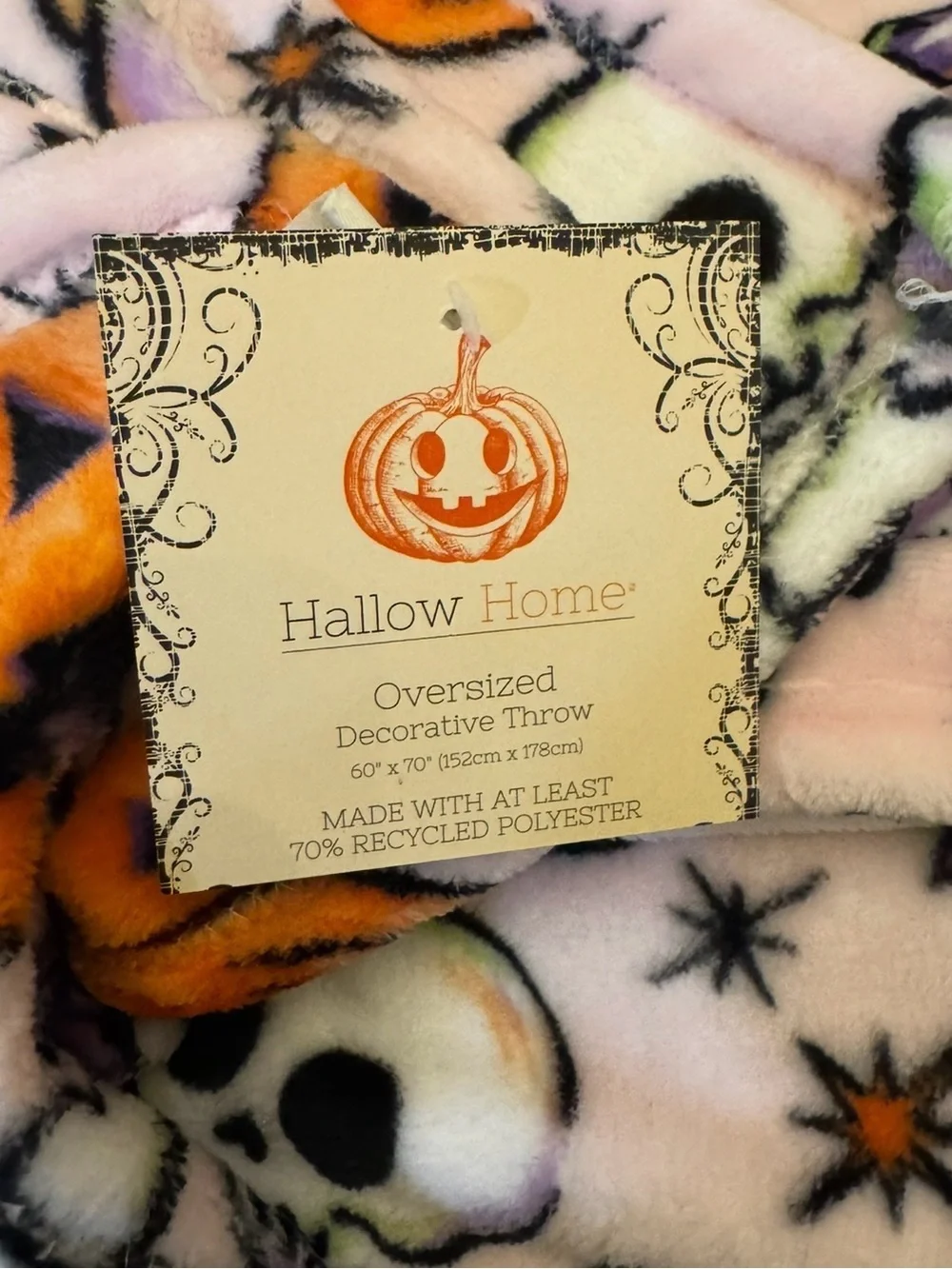 Pink Halloween Plush Throw Blanket with Pumpkins & Ghosts